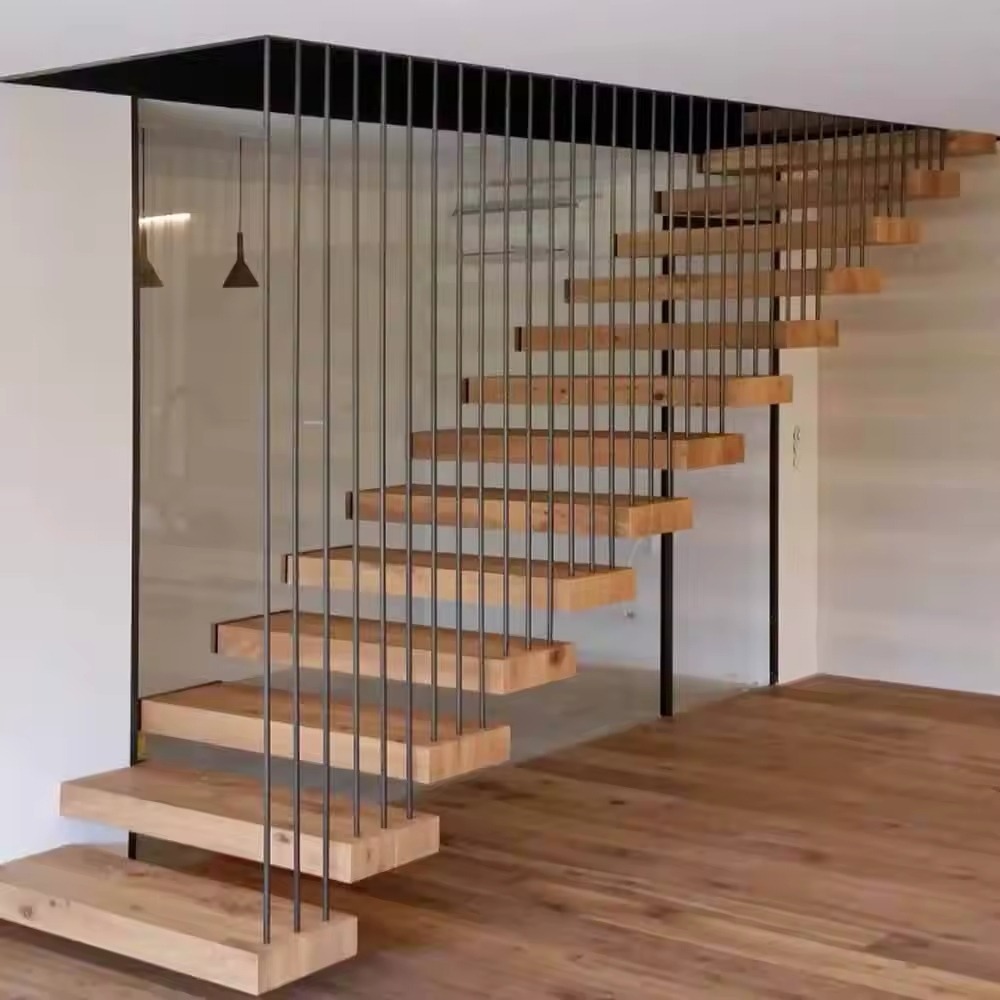 Rothnow Floating Staircase RNFS08 with black cable railing, modern staircase with sleek design and custom size, includes steps and support structure.