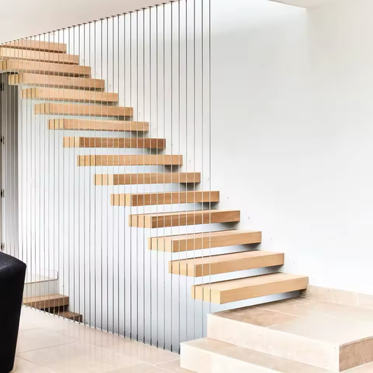 Rothnow® floating staircase with black cable railing, modern design, custom size, showcasing sleek stairs and cable support system.