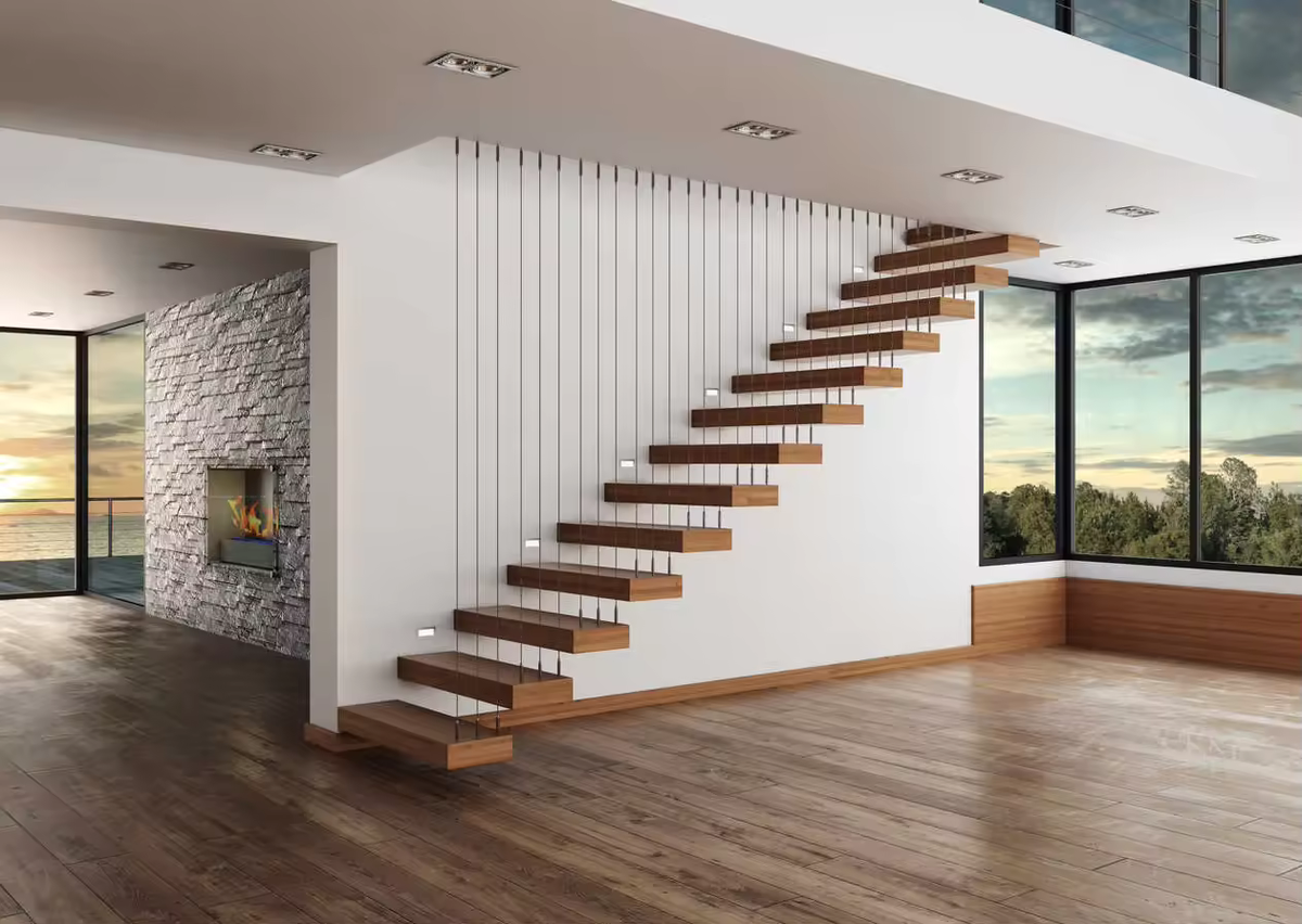 Black Rothnow floating staircase with cable railing, custom size, modern design, featuring sleek steps and sturdy support structure.