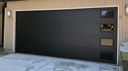 Rothnow® black steel garage door with filled PU foam insulation, custom size, durable steel plate construction.