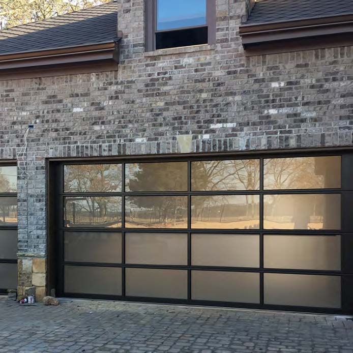 Black Rothnow® aluminum garage door with customized size and sleek design, featuring a sturdy plate construction.