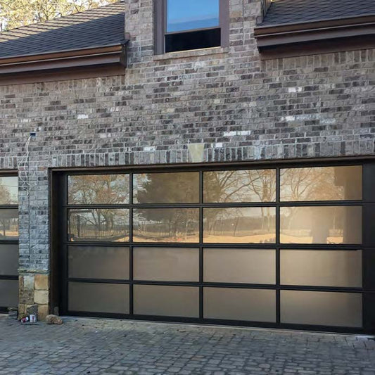 Black Rothnow® aluminum garage door with customized size and sleek design, featuring a sturdy plate construction.