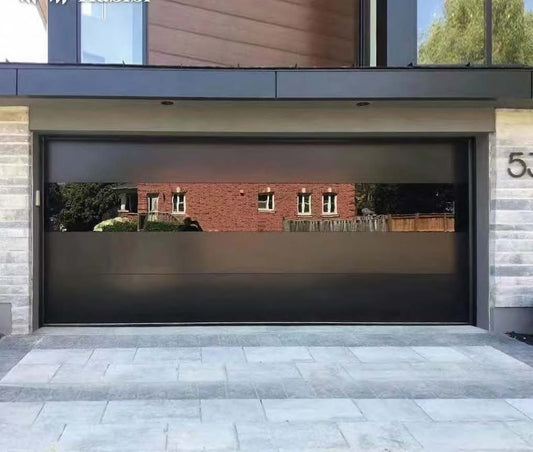 Rothnow full mirror glass garage door in black with customizable size, featuring reflective surface and sleek modern design.