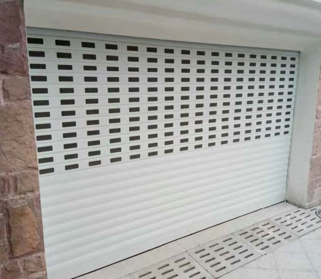 Rothnow aluminum roll-up garage door in black, customized size, featuring sleek horizontal panels and durable aluminum construction.