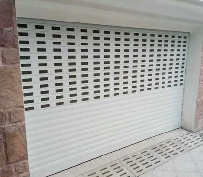 Rothnow aluminum roll-up garage door in black, customized size, featuring sleek horizontal panels and durable aluminum construction.