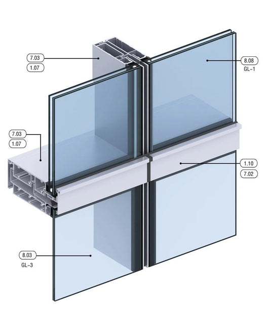 Rothnow® glass curtain wall with exposed black frame, showcasing sleek, modern architectural window design.