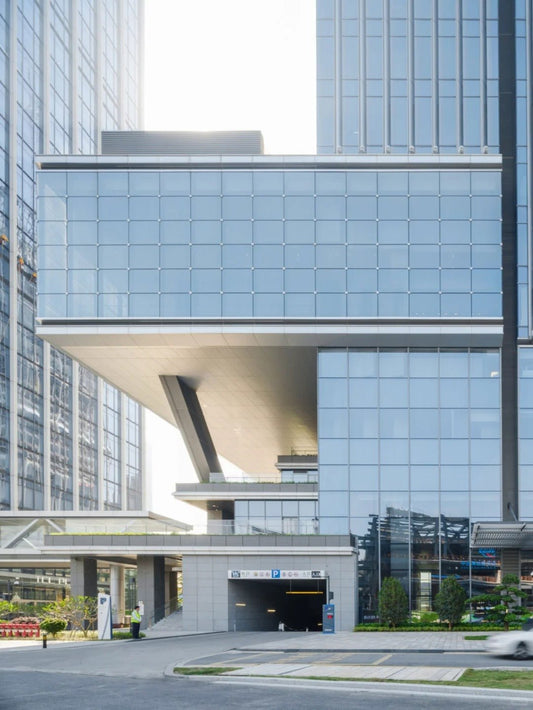 Rothnow® glass curtain wall with exposed black aluminum frame, custom-sized for modern building facade architecture.