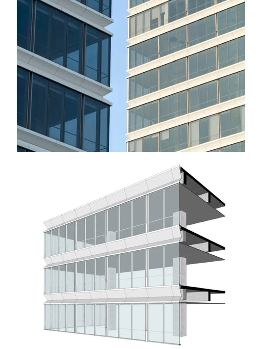 Rothnow® black glass curtain wall with exposed frame, custom-sized window showcasing modern architectural design.