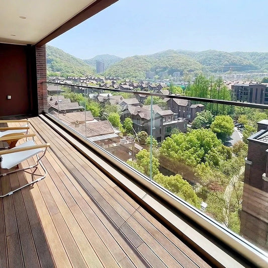 Rothnow® Glass Railing RNGR02 U-channel black safety barrier with clear glass panels for modern balcony or deck installation