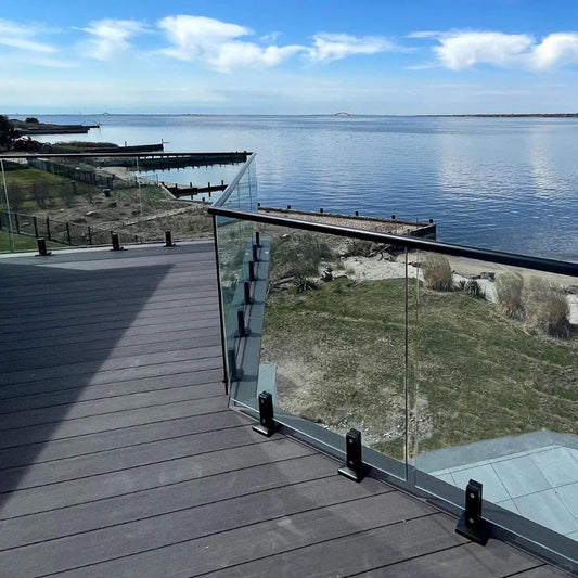 Black Rothnow Glass Railing RNGR04 with spigot fittings, showcasing sleek, customizable safety barrier for modern architectural spaces.