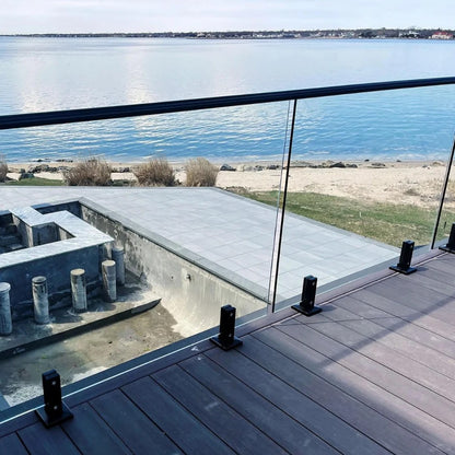 Rothnow® Glass Railing RNGR04 Spigot-style black glass railing with clear panels for modern safety and style.