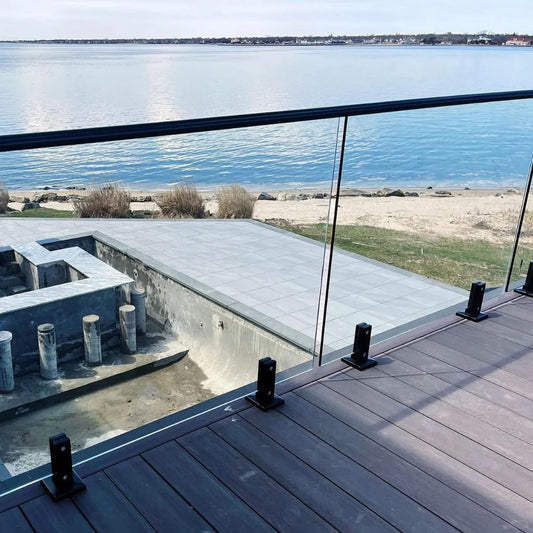 Rothnow® Glass Railing RNGR04 Spigot-style black glass railing with clear panels for modern safety and style.