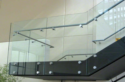 Rothnow® Glass Railing RNGR05 standoff style, black safety railing with sleek glass panels for modern balcony or patio installation.
