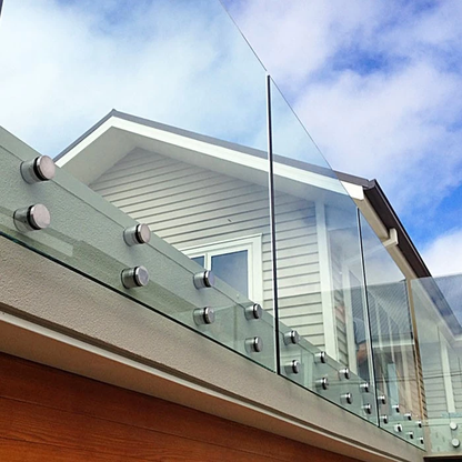 Black Rothnow® Glass Railing RNGR05 standoff style, featuring sleek glass panels and sturdy metal fittings for modern safety and design