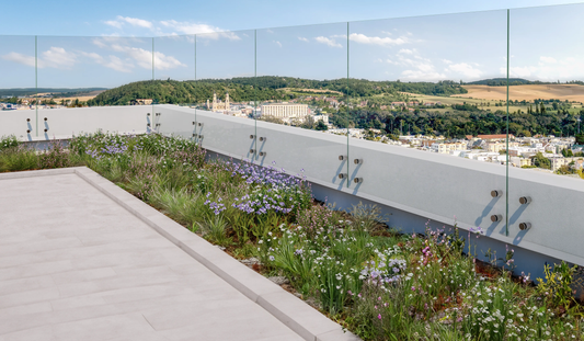 Black Rothnow Glass Railing RNGR05 with standoff design, showcasing sleek, modern safety railing for outdoor or balcony use.