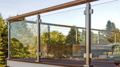 Black Rothnow glass railing with post, custom-sized, sleek and modern safety barrier for balconies or decks.