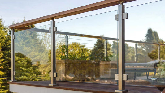 Black Rothnow glass railing with post, custom-sized, sleek and modern safety barrier for balconies or decks.