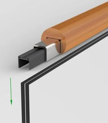 Black Rothnow Glass Railing RNGR07 post with clear safety glass panels for modern balcony or deck safety and aesthetic.