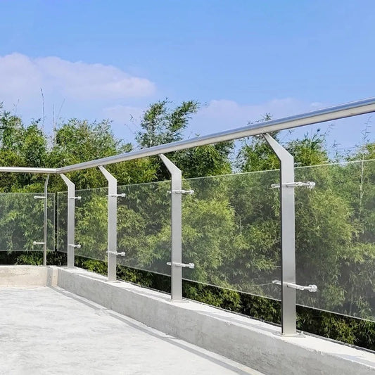 Rothnow® glass railing with black post, modern design, sturdy glass panels for safety and style in residential or commercial spaces.