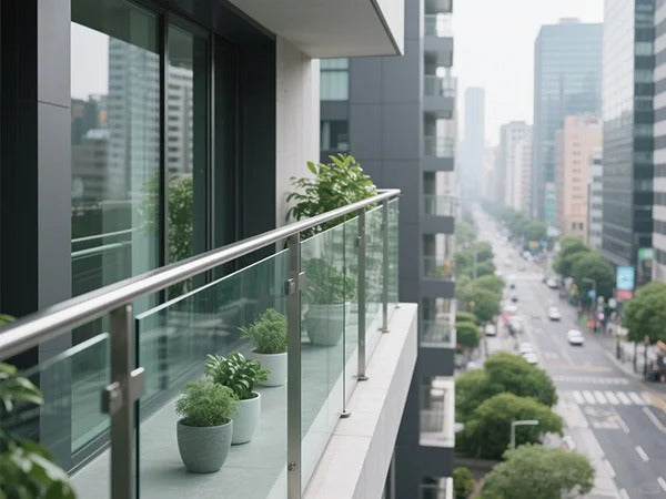 Rothnow® Glass Railing RNGR08 Post, black custom-sized safety railing with clear glass panels for modern balcony or deck.