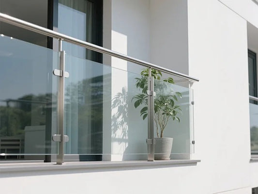 Black Rothnow Glass Railing RNGR08 post-style with clear glass panels for modern safety and stylish balcony or deck protection.