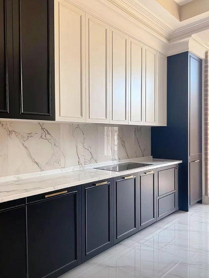 Black Rothnow® lacquer finish kitchen cabinets, customized size with sleek design, shown as part of a modern kitchen setup.