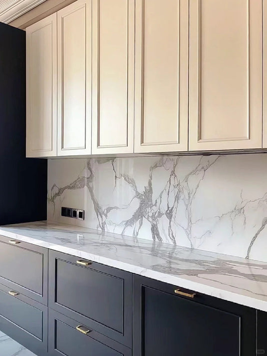 Black Rothnow® lacquer finish kitchen cabinets with sleek, modern design, featuring custom-sized cabinetry for stylish storage.