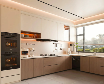 Black Rothnow laminated finish kitchen cabinet with sleek design and custom size, suitable for modern kitchen spaces.