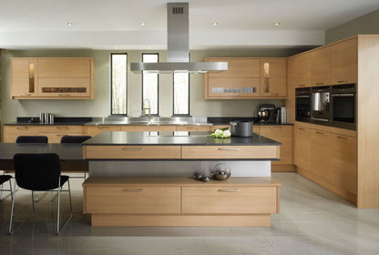 Rothnow® timber veneer finish kitchen cabinet with black custom-sized design, showcasing sleek, modern kitchen cabinetry.