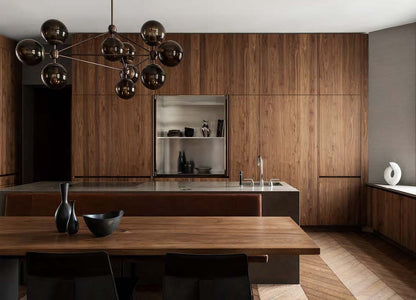 Rothnow timber veneer finish kitchen cabinet with black custom-sized design, showcasing sleek, modern storage for kitchen use.