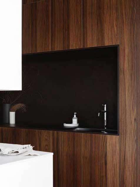 Rothnow® timber veneer finish kitchen cabinet with black custom-sized design, showing sleek, modern cabinetry for kitchen storage.