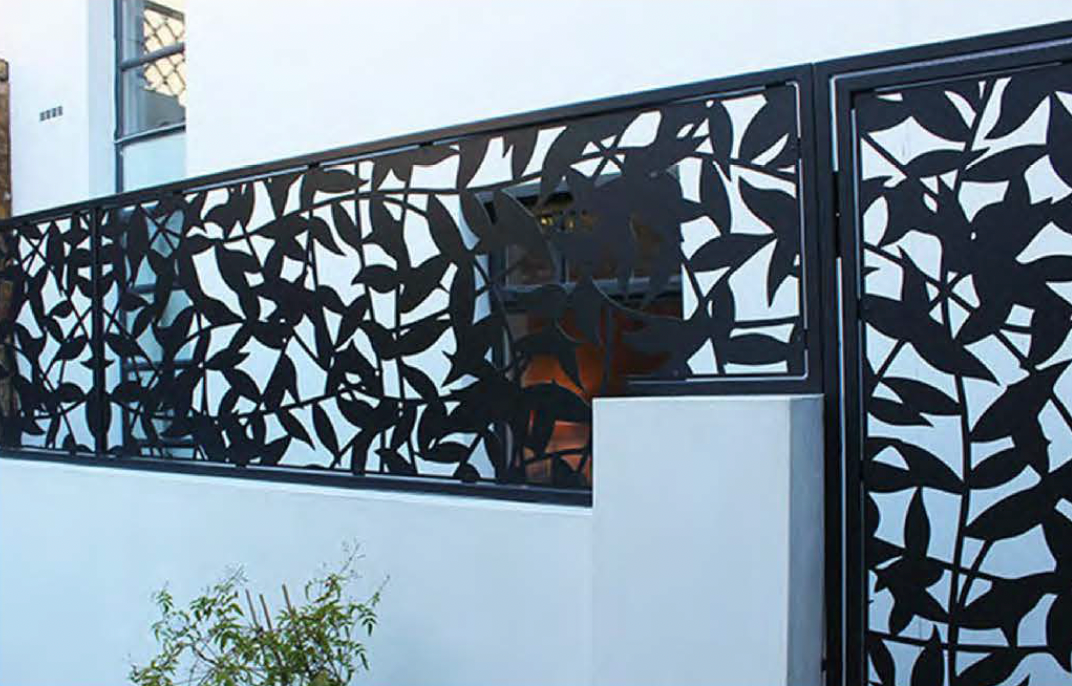 Black Rothnow laser-cutting railing and fence with intricate design, custom-sized for outdoor safety and decorative fencing.