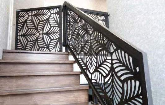 Rothnow laser-cutting railing in black, custom-sized fence with intricate design, ideal for outdoor fencing and safety.