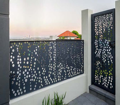 Black Rothnow laser-cutting railing and fence, customizable size, decorative metal fencing with intricate cut-out design.