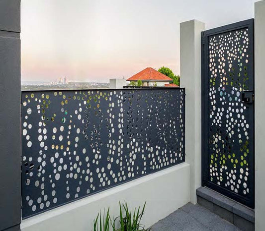 Black Rothnow laser-cutting railing and fence, customizable size, decorative metal fencing with intricate cut-out design.