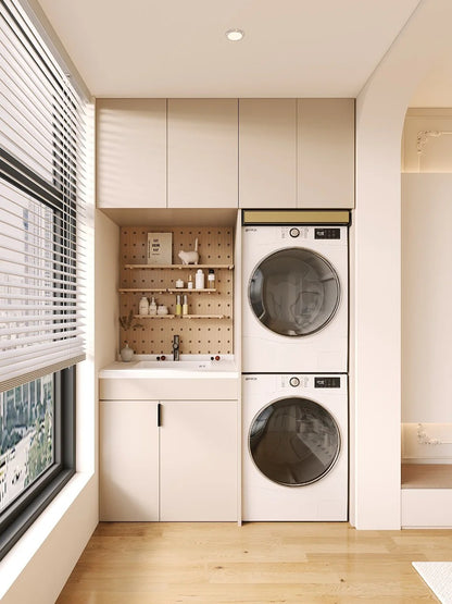 Black Rothnow® Laundry Cabinet RNLC01 with customized size, showcasing durable cabinet doors and organized interior storage.