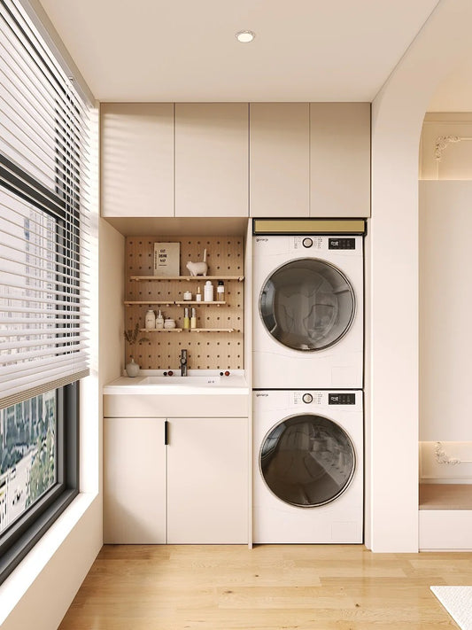 Black Rothnow® Laundry Cabinet RNLC01 with customized size, showcasing durable cabinet doors and organized interior storage.