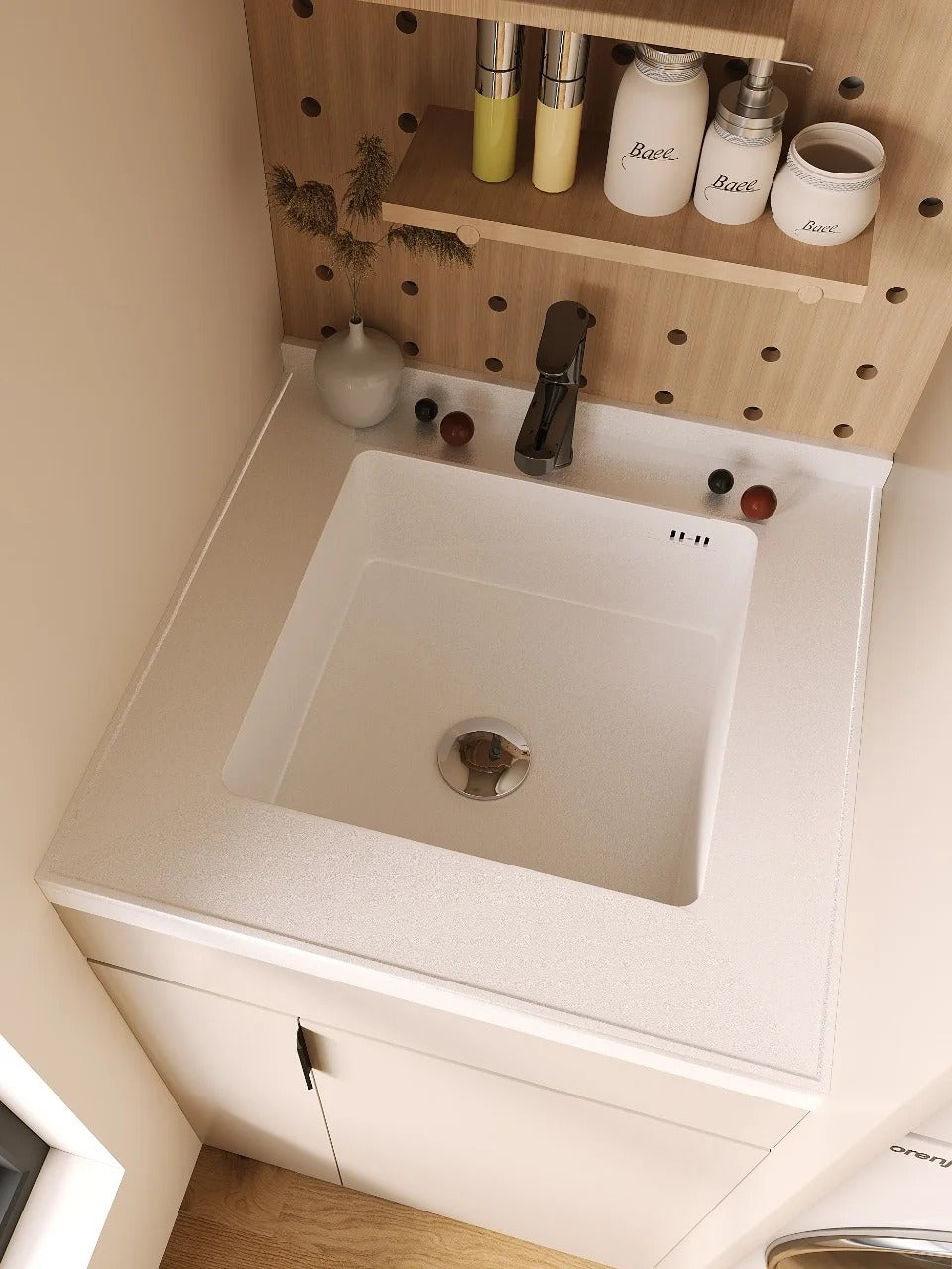 Black Rothnow laundry cabinet RNLC01 with customizable size, featuring sleek design and ample storage for laundry essentials.