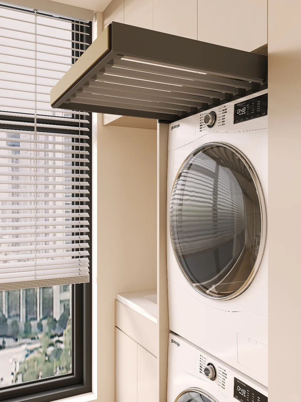 Black Rothnow Laundry Cabinet RNLC01 with custom size, featuring storage shelves and a sleek modern design for laundry room organization.