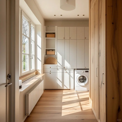 Black Rothnow Laundry Cabinet RNLC03 with customized size, featuring storage shelves and a sleek modern design.