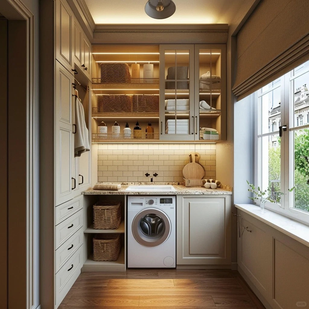 Black Rothnow® Laundry Cabinet RNLC04 with customizable size, featuring storage shelves and a sleek, modern design.