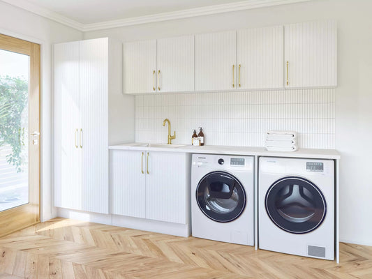 Black Rothnow Laundry Cabinet RNLC05 with customizable size, featuring storage shelves and a sleek modern design for laundry rooms.