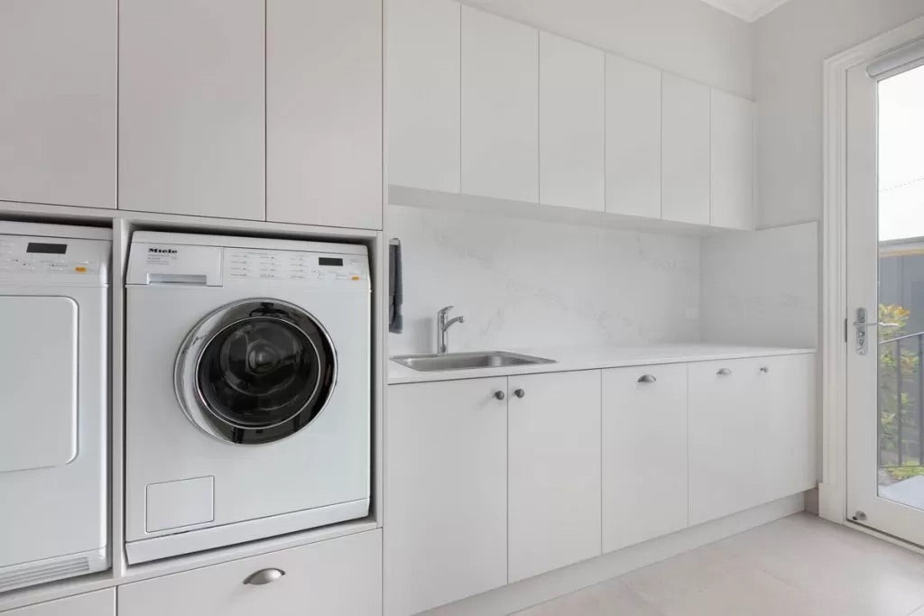 Black Rothnow Laundry Cabinet RNLC05 with customizable size, featuring sleek storage doors for organized laundry space.