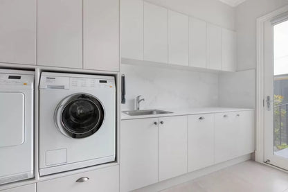 Black Rothnow Laundry Cabinet RNLC05 with customizable size, featuring sleek storage doors for organized laundry space.