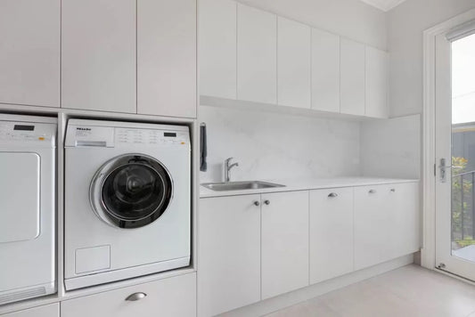 Black Rothnow Laundry Cabinet RNLC05 with customizable size, featuring sleek storage doors for organized laundry space.