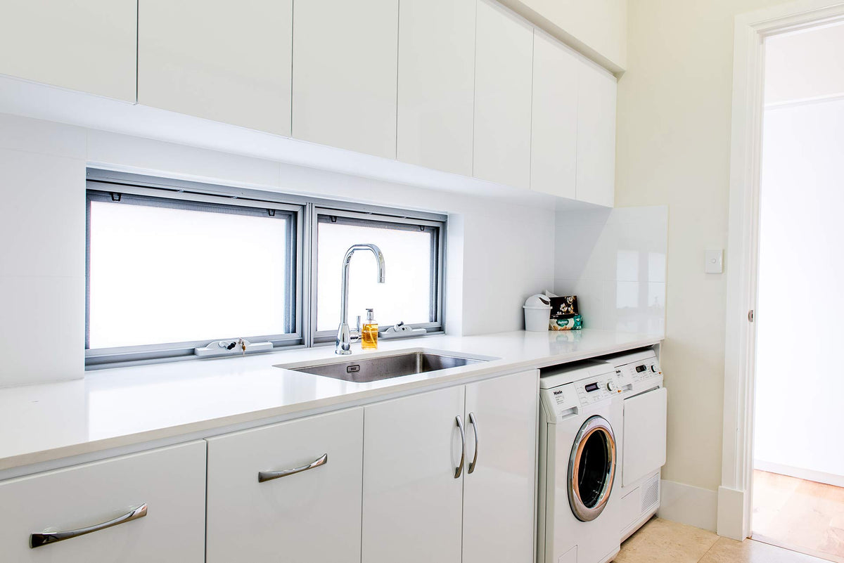 Rothnow® Laundry Cabinet RNLC05 in black, customized size, with storage shelves and doors for organized laundry space.