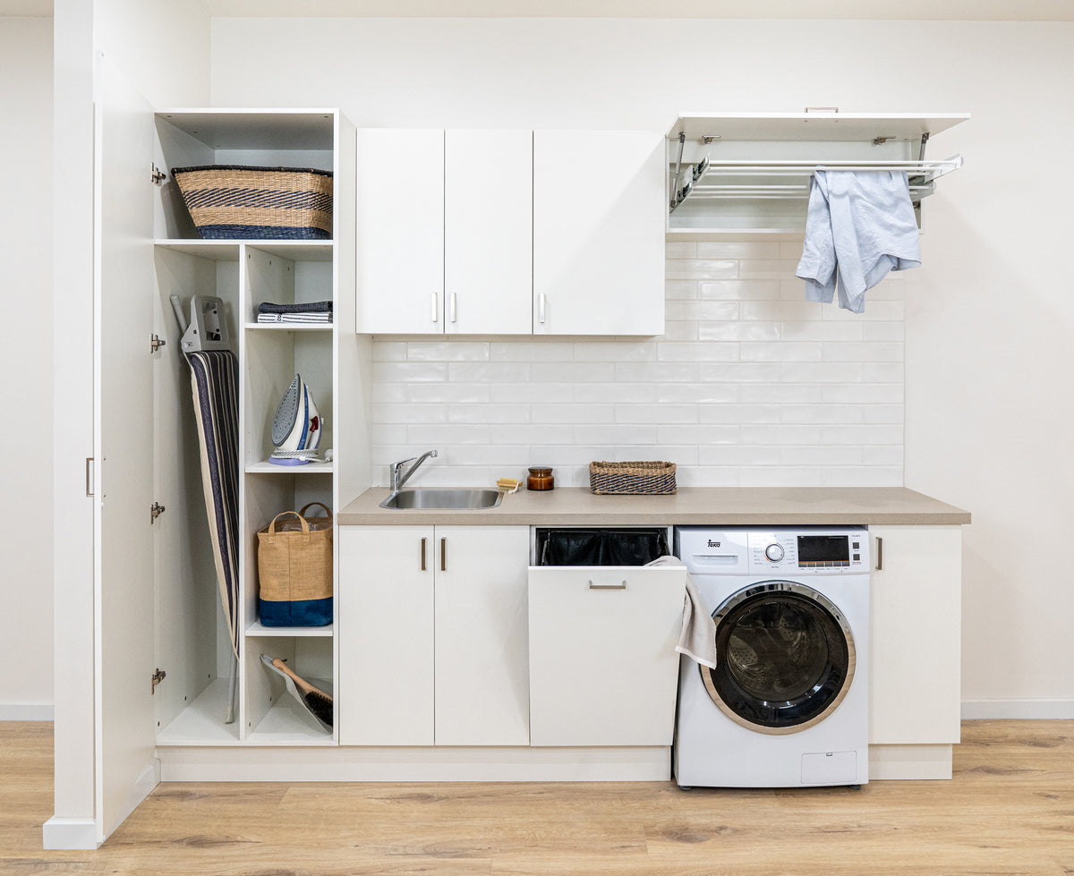 Black Rothnow Laundry Cabinet RNLC05 with customizable size, featuring multiple storage compartments for organizing laundry essentials.