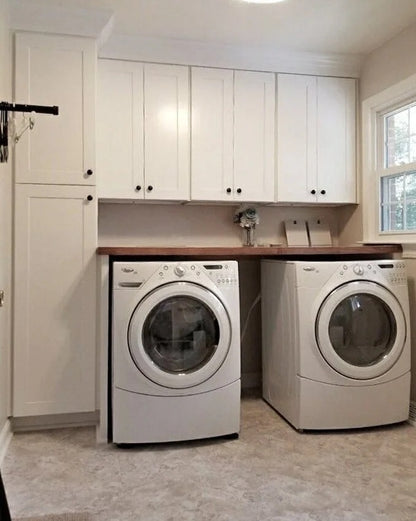 Black Rothnow laundry cabinet with customized size, featuring storage shelves and a sleek, modern design for laundry room organization.