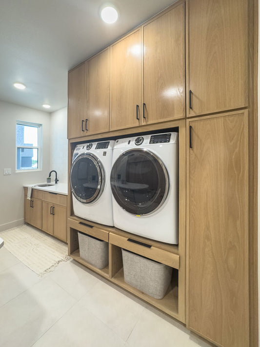 Black Rothnow laundry cabinet RNLC07 with customized size, featuring storage shelves and a sleek design for laundry room organization.