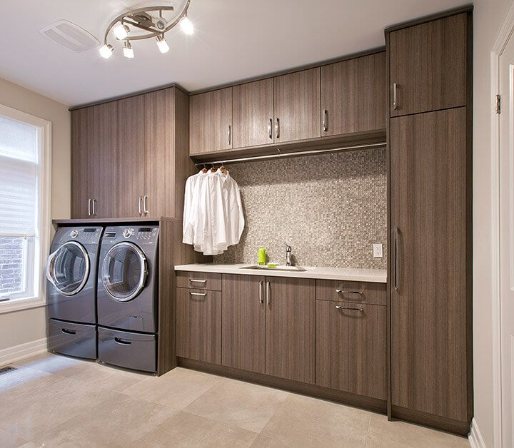 Black Rothnow laundry cabinet RNLC07 with customized size, wood finish, and storage compartments for laundry room organization.